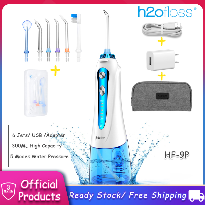H2ofloss Cordless Water Flosser for Braces Bridges Hygiene, Waterproof Oral Dental Irrigator Water Pick Teeth Cleaner with 5 Modes 6 Jets 300ml Water Tank Rechargeable Electric Flosser for Travel
