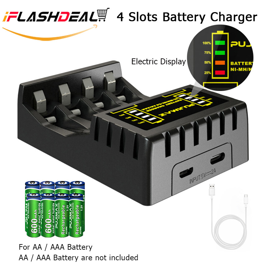 iFlashDeal Electric Battery Charger 4 Slots Intelligent LED Indicator USB Charger Home For AA/AAA Ni-MH/Ni-Cd Battery Charger Fast Intelligent 4 Slots LCD Battery Charger With USB Cable Portable Fast 