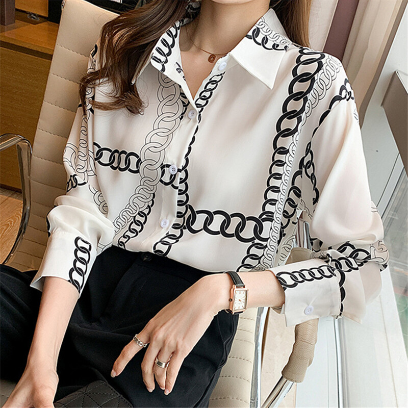 Loose Shirt Women Long Sleeve Fashion Blouse Printed Chiffon Polo Collar Korean Top Lady Clothes