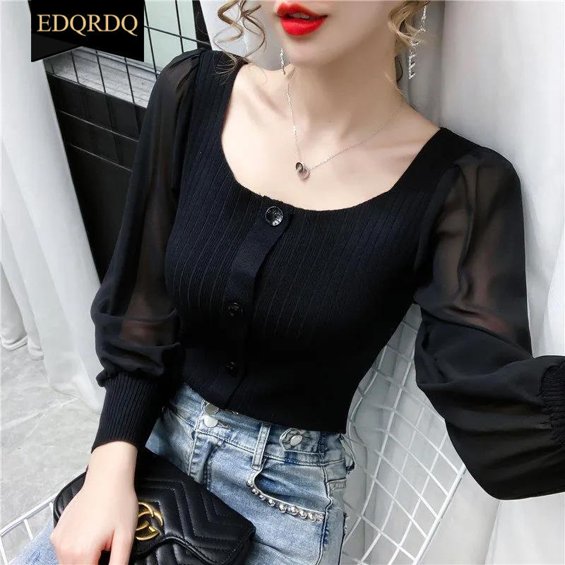 EDQRDQ Women's Puff Long Sleeve Contrast Mesh Square Neck Pullover Blouse Top