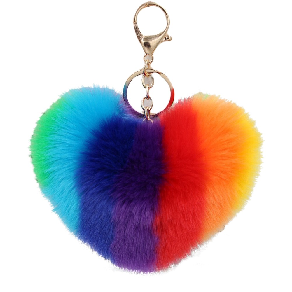 Rainbow Love Heart Fluffy Ball Keychain Car Key Ring Holder Bag Charm Ornament