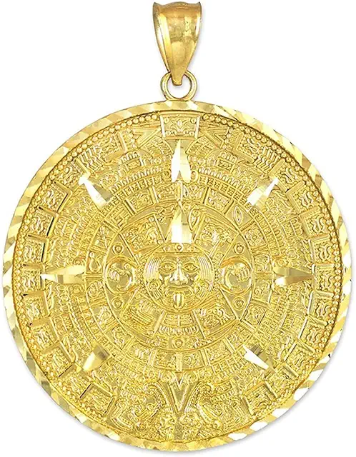 14K Yellow Gold Round Aztec Mayan Calendar Charm Pendant - Choice of Pendant Size