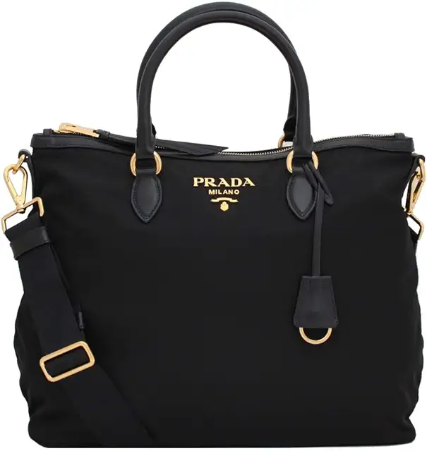 Prada Womens Two Way Black Tessuto Nylon Tote Crossbody Calf Leather Trim 1BC060