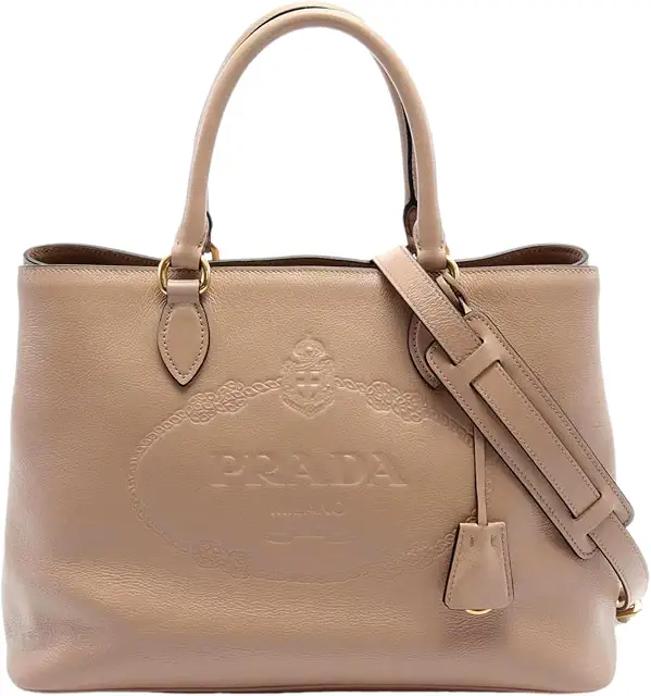 Prada Embossed Logo Soft Leather Handbag Shopper Tote Cammeo Beige 1BA579
