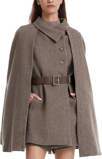 GOELIA Womens Winter Washable Wool Cloak Coats And Flap Neck Button Vest Two-Piece Set with Belt Plus Size Coat Outerwear