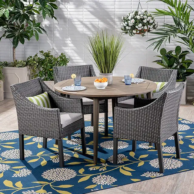 Shipp Outdoor 5 Piece Wood and Wicker Dining Set, Gray Finish/Gray/Silver